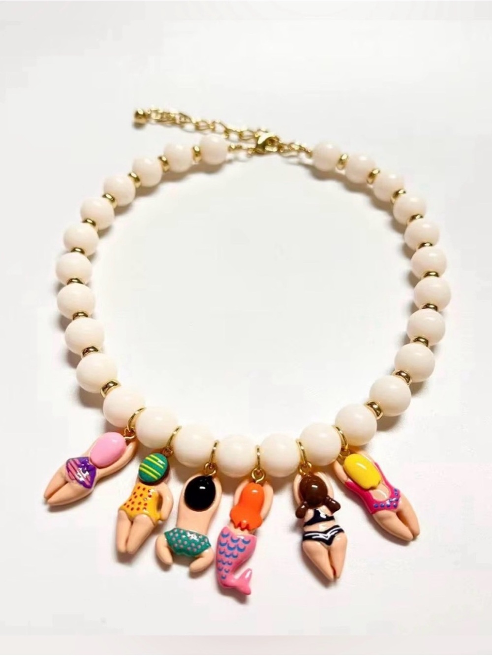 White Beaded Charm Necklace with Colorful Swimmer Charms - Picture 2 of 2